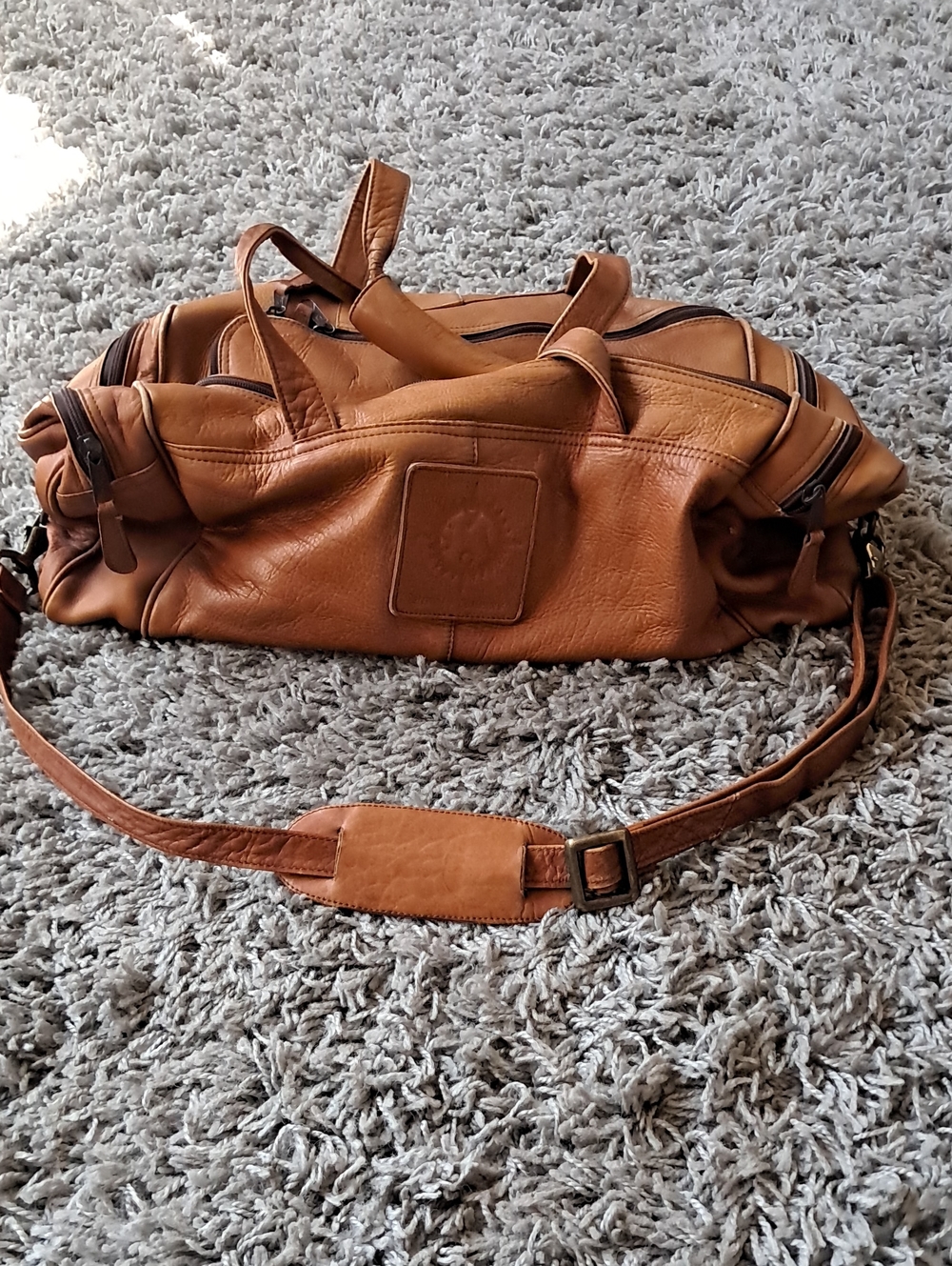 Men's Leather Duffel Bag in Cognac Brown with Adjustable Shoulder Strap